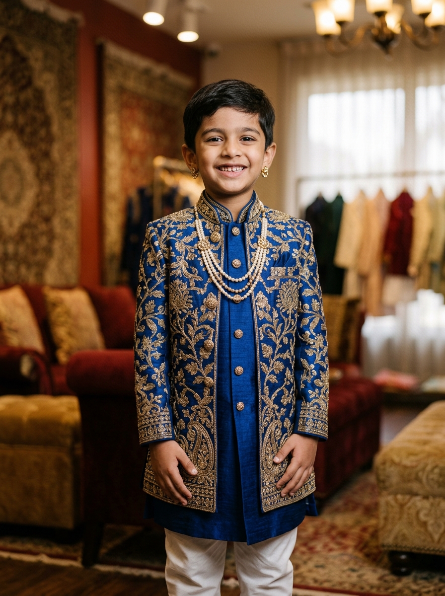 Royal Sapphire Kids Brocade Sherwani Set